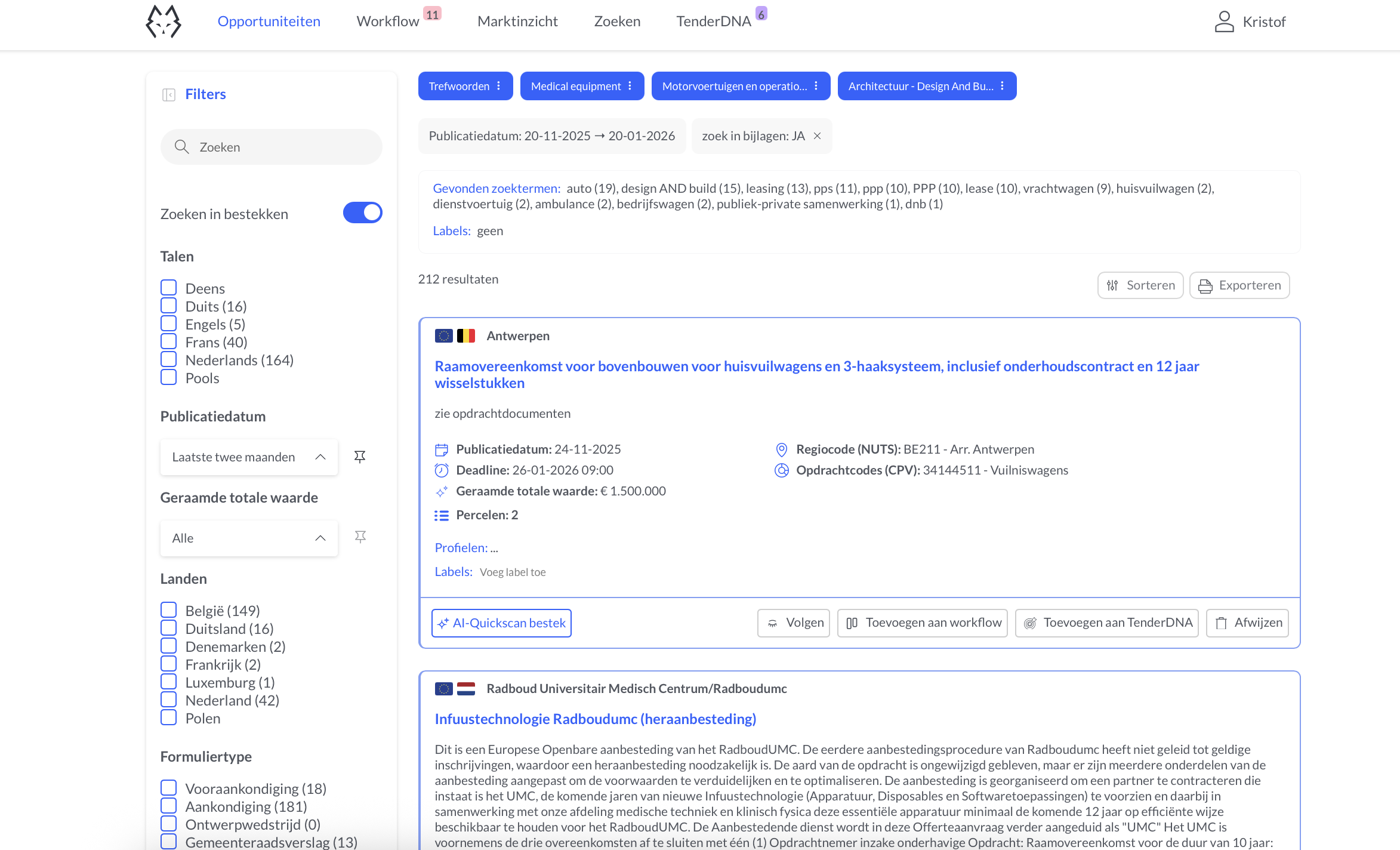 Tableau de bord TenderWolf avec aperçu des appels d'offres